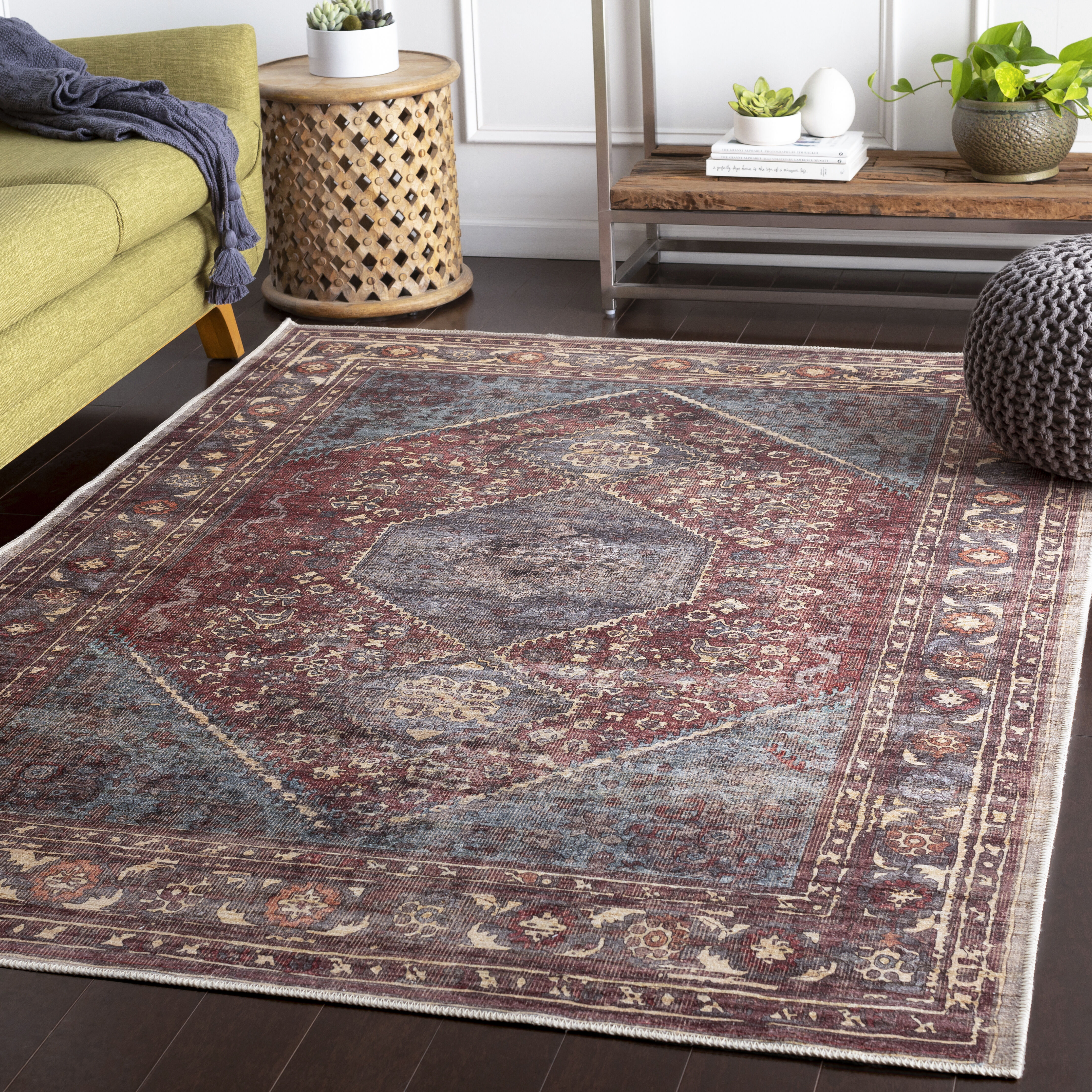 Ivory 87 X 63 inch Dark Plum Rug, Rectangle