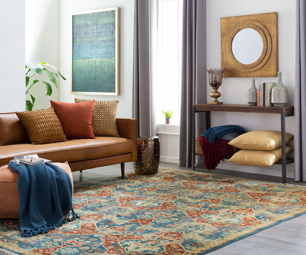 Martina 102 X 66 inch Sky Blue/Burnt Orange/Wheat/Dark Green/Khaki/Tan Rugs, Wool