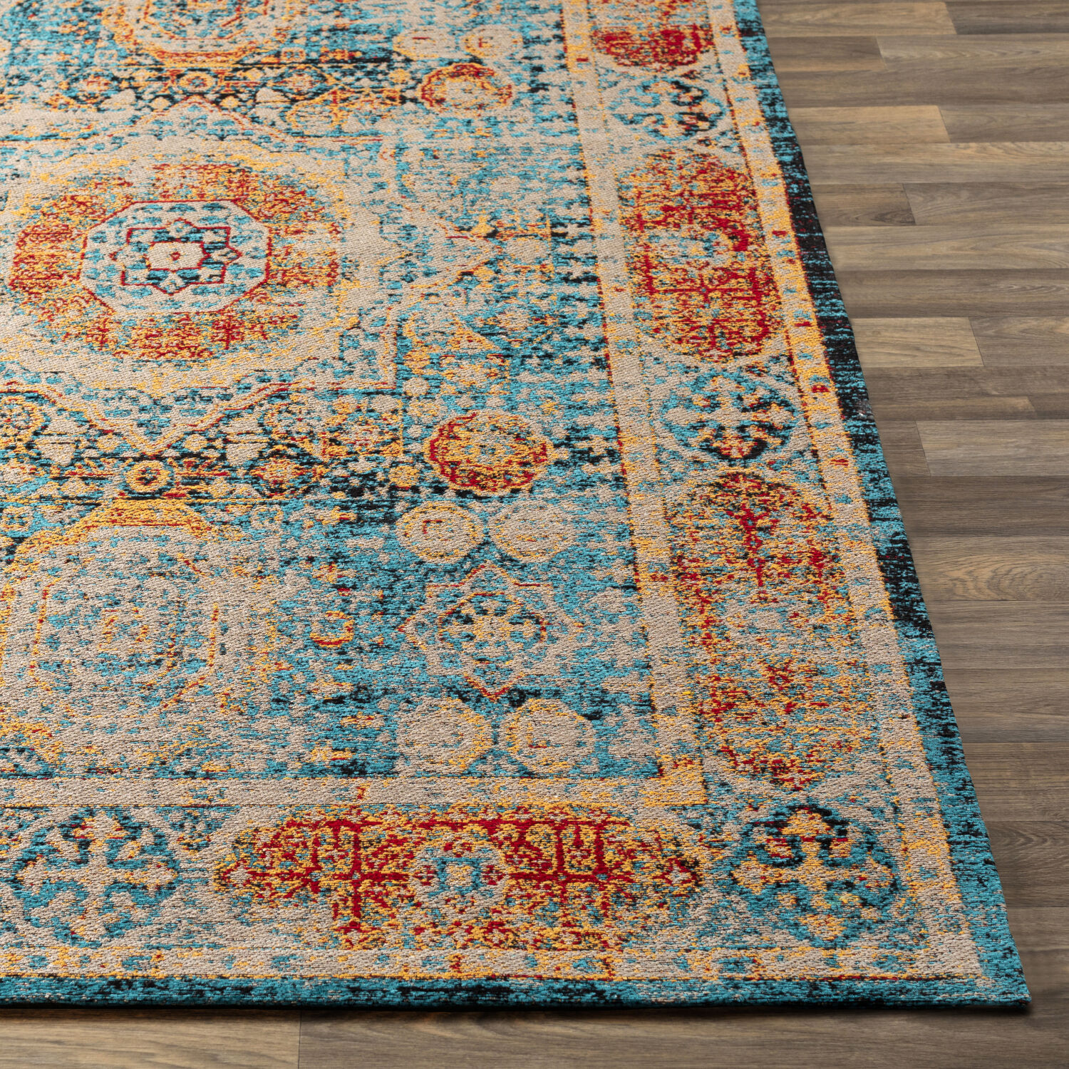 Javan 90 X 60 inch Bright Blue/Saffron/Bright Red/Black/Taupe Rugs, Polyester and Cotton
