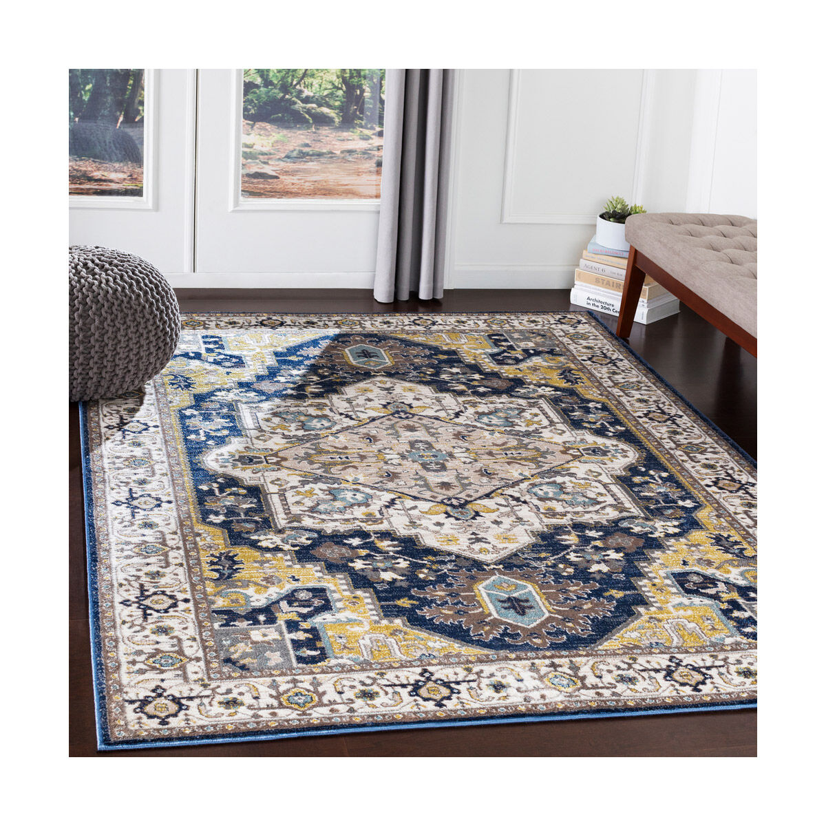 Macduff 87 X 63 inch Navy/Charcoal/Butter/Ivory/Camel/Sky Blue/White Rugs, Rectangle