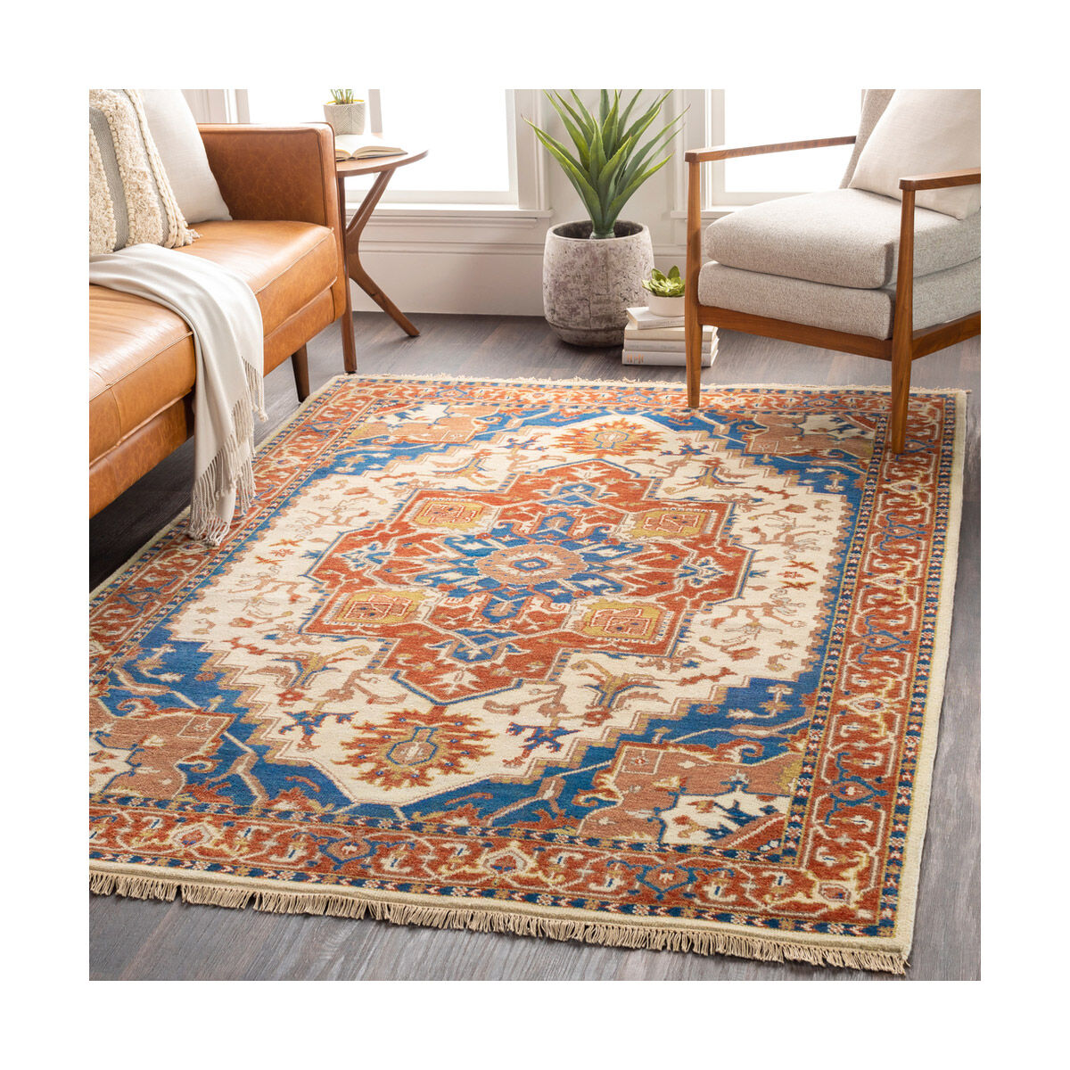 Douglas 96 X 30 inch Burnt Orange/Sky Blue/Camel Rugs, Wool and Cotton